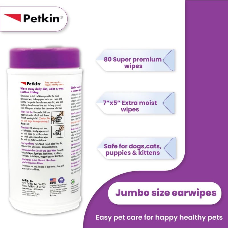 Petkin Jumbo Pet Ear Wipes, 80 Extra Moist Wipes - Soothing & Deodorizing Pet Ear Cleaner to Remove Dirt, Odor, & Wax - Safe, Convenient, & Easy to Use Pet Wipes for Dogs, Cats, Puppies & Kittens - Image 3